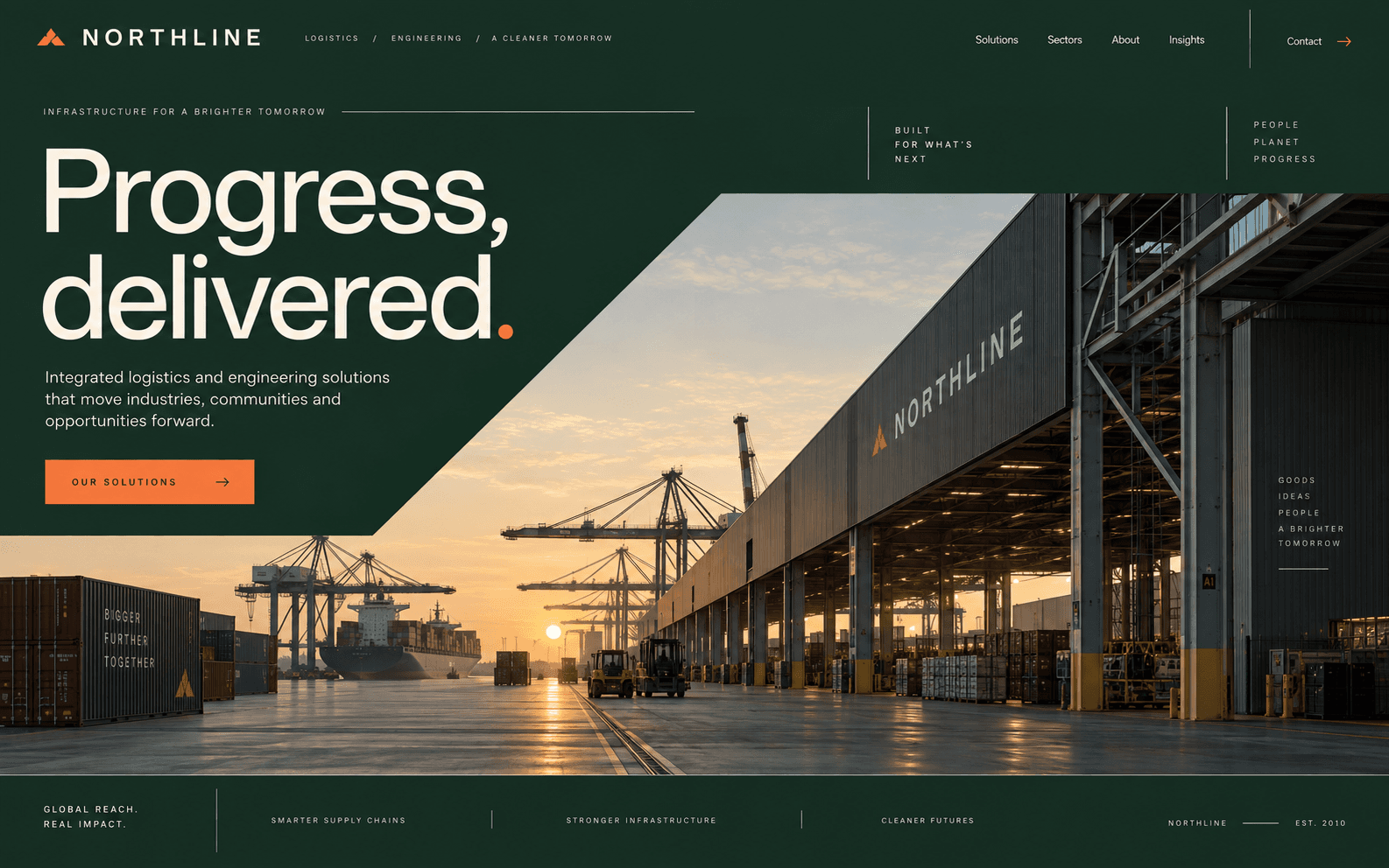 Northline concept website with forest green panels and shipping infrastructure