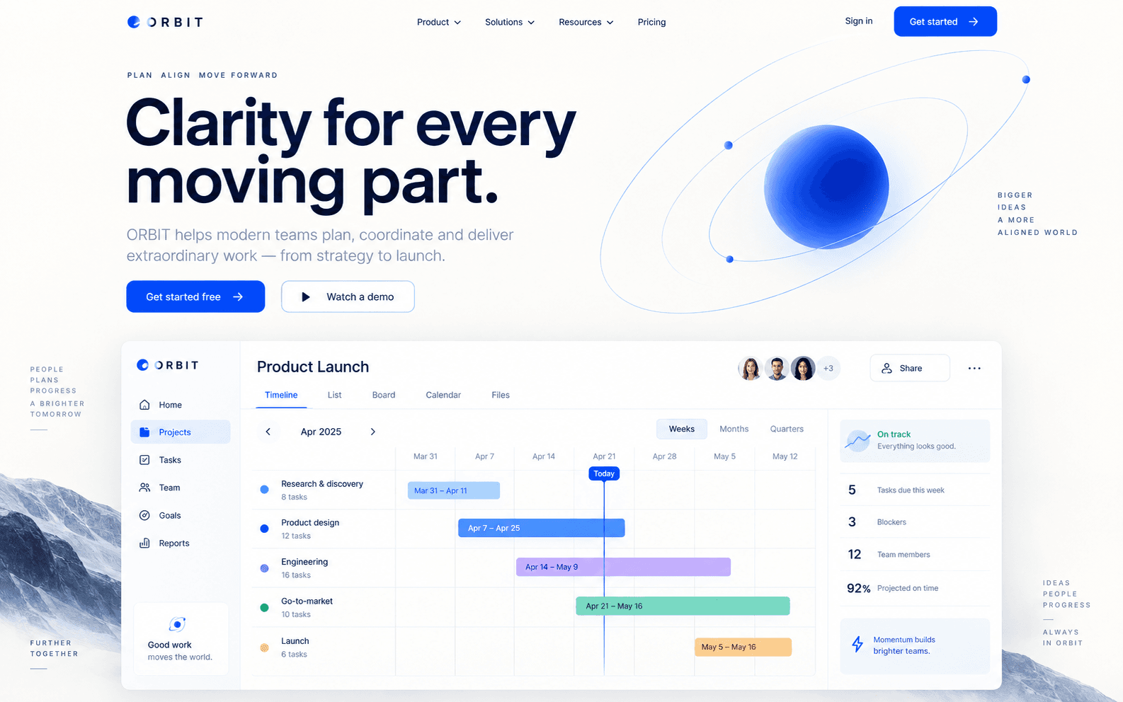 Orbit concept website with a cobalt blue identity and project planning dashboard